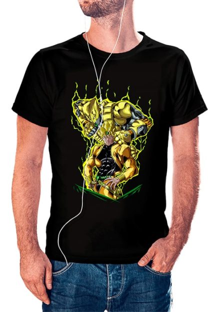 polera negra de hombre con diseño de Dio y su stand The World de JoJo's Bizarre Adventure