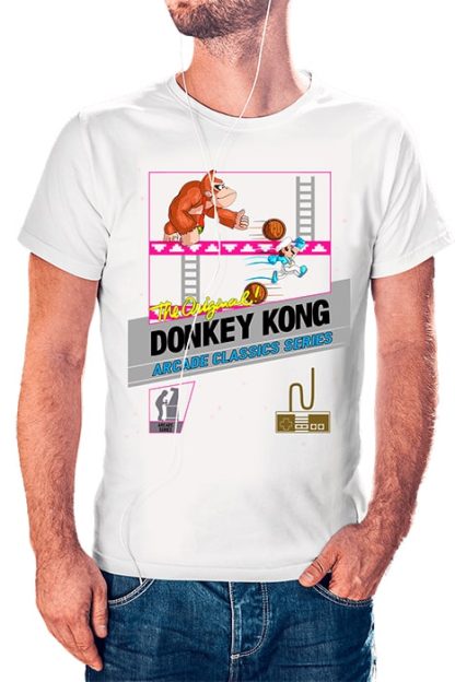 polera blanca de hombre con diseño de caratula de donkey kong de nes versión moderna