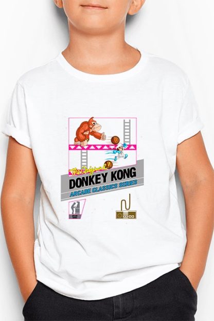 polera blanca de niño con diseño de caratula de donkey kong de nes versión moderna