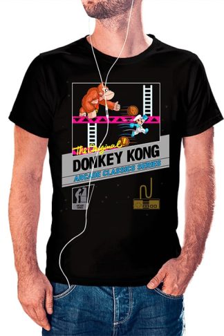 polera negra de hombre con diseño de caratula de donkey kong de nes versión moderna