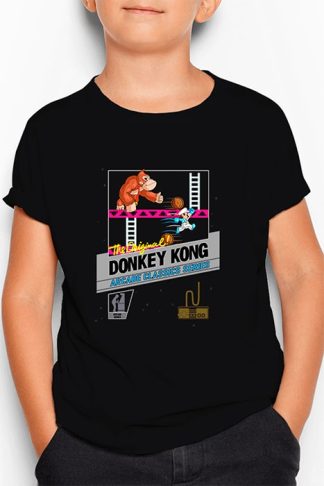 polera negra de niño con diseño de caratula de donkey kong de nes versión moderna