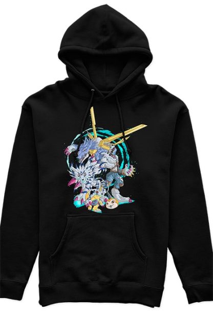 polerón tipo canguro unisex negro con diseño de Tsunomon, Gabumon, Garurumon, Weregarurumon, MetalGarurumon de digimon