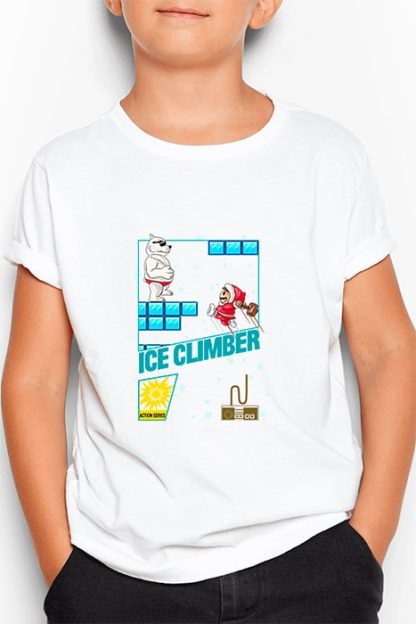 polera blanca de niño con diseño de caratula de ice climber de nes versión moderna