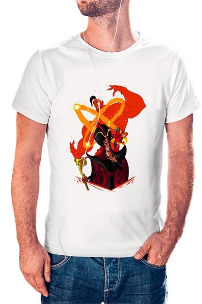 polera blanca de hombre con diseño de Jafar de Aladdin villanos disney
