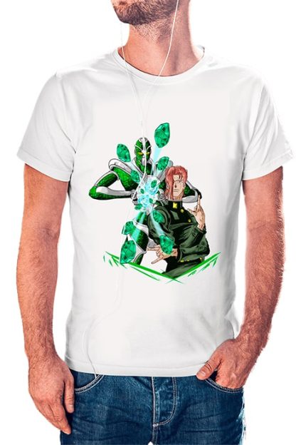 polera blanca de hombre con diseño de Noriaki Kakyoin y su stand Hierophant Green de JoJo's Bizarre Adventure