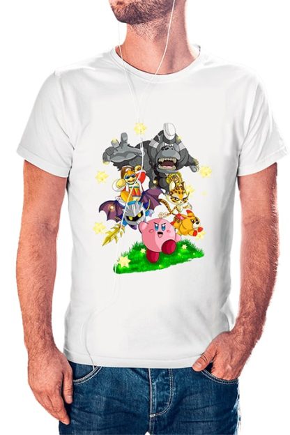 polera blanca de hombre con diseño de Kirby, Rey Dedede, Meta Knight, Gorilondo, Clawroline