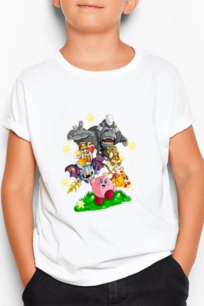 polera blanca de niño con diseño de Kirby, Rey Dedede, Meta Knight, Gorilondo, Clawroline