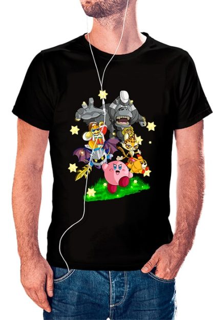 polera negra de hombre con diseño de Kirby, Rey Dedede, Meta Knight, Gorilondo, Clawroline