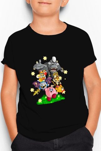 polera negra de niño con diseño de Kirby, Rey Dedede, Meta Knight, Gorilondo, Clawroline