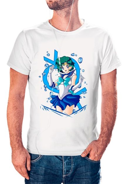 polera blanca de hombre con diseño de Sailor Mercury con símbolo de Sailor Scouts