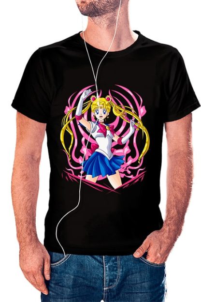 polera negra de hombre con diseño de Sailor Moon con símbolo de Sailor Scouts