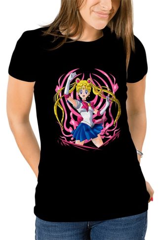 polera negra de mujer con diseño de Sailor Moon con cintas de Sailor Scouts