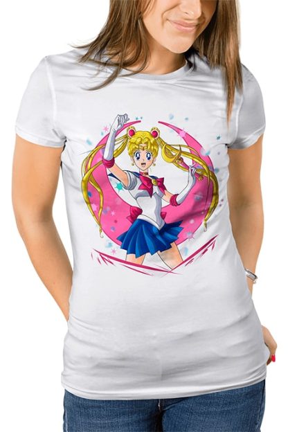 polera blanca de mujer con diseño de Sailor Moon con símbolo de Sailor Scouts