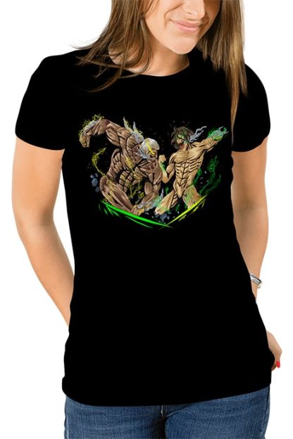 polera negra de mujer con diseño de Eren Jaeger y Reiner Braun de Attack on Titan o ataque a los titanes