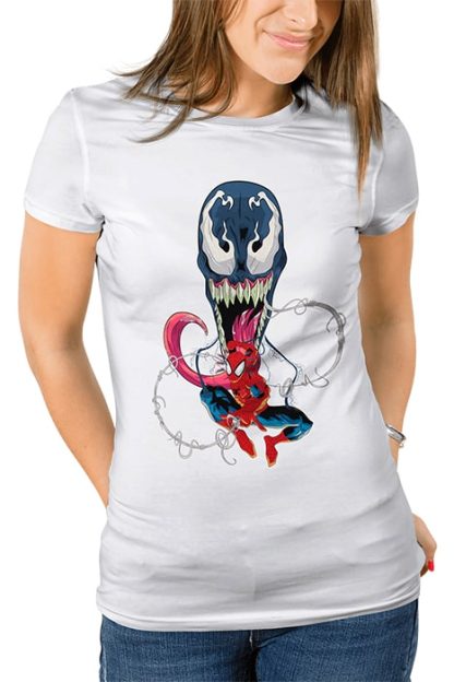 polera blanca de mujer con diseño de spider-man y venom