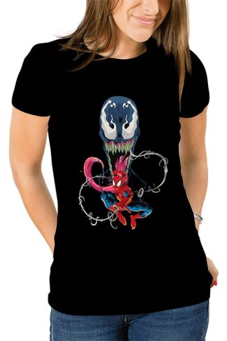 polera negra de mujer con diseño de spider-man y venom