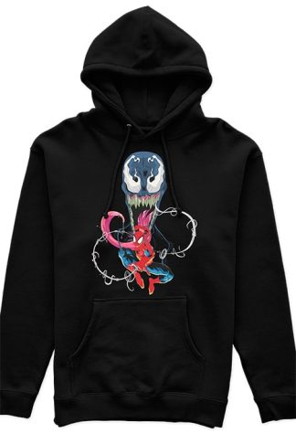 polerón tipo canguro unisex negro con diseño de spider-man y venom