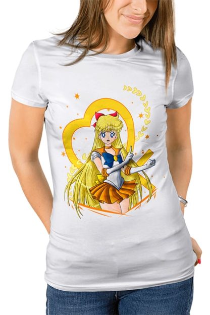 polera blanca de mujer con diseño de Sailor Venus con símbolo de Sailor Scouts