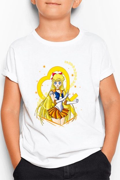 polera blanca de niño con diseño de Sailor Venus con símbolo de Sailor Scouts