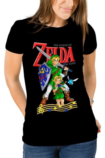 polera negra de mujer con diseño de link niño y adulto de The Legend of Zelda: Ocarina of Time