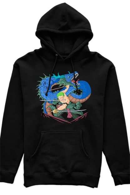 polerón tipo canguro unisex negro con diseño de Roronoa Zoro y dragon de One Piece