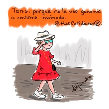 Viñeta con texto "Tenis, porque no le veo ganancia a sentirme incómoda", diseño por Alejandra Aceves, conocida como Alita de HistCotidianas