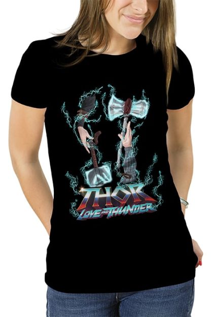 polera negra de mujer con diseño de Mjolnir de thor y Mighty Thor de thor love and thunder