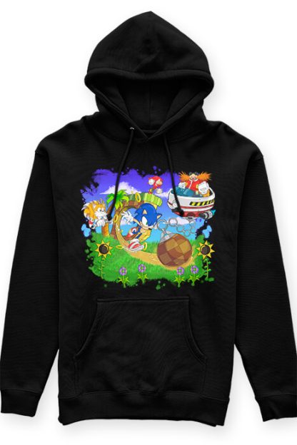 polerón tipo canguro unisex negro con diseño de sonic, knuckles, tails y Doctor Eggman o Robotnik de sonic videojuegos