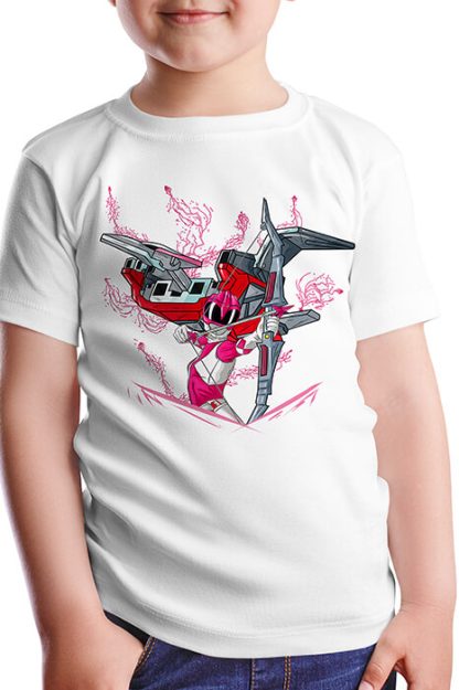 Polera blanca con Pink Ranger y Pterodactyl